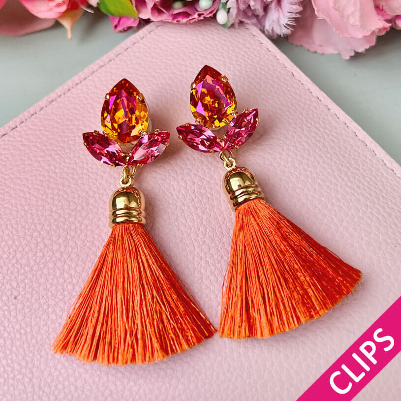 Glitzernde Ohrclips mit Swarovski-Kristallen in Pink und Orange mit edler Quaste