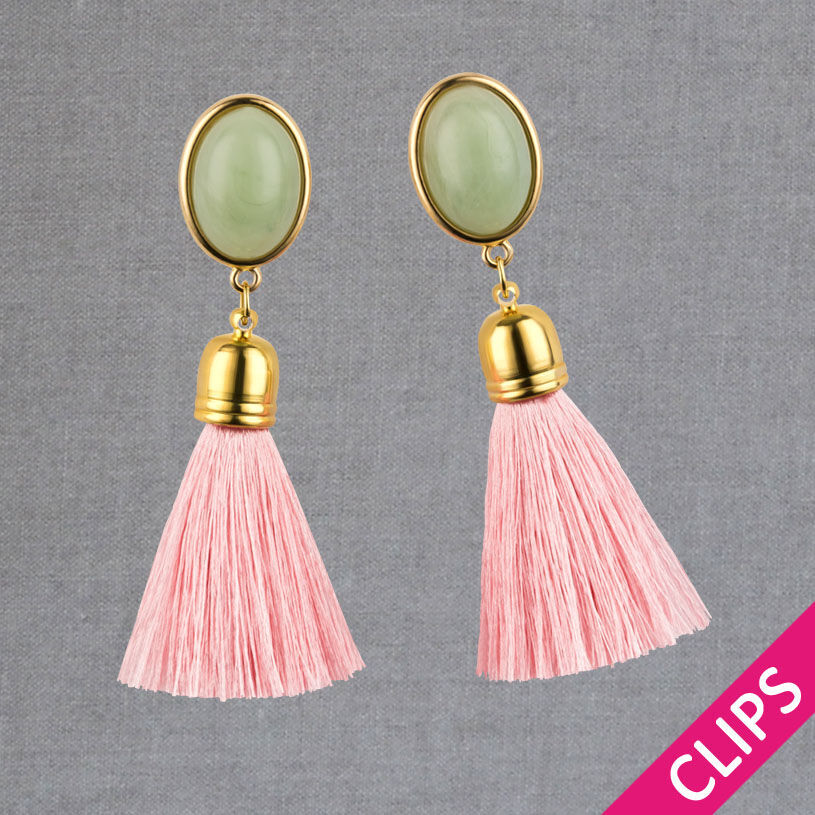 Quasten Ohrringe als Ohrclips in Jadegrün mit rosafarbener Quaste von AmuseToi