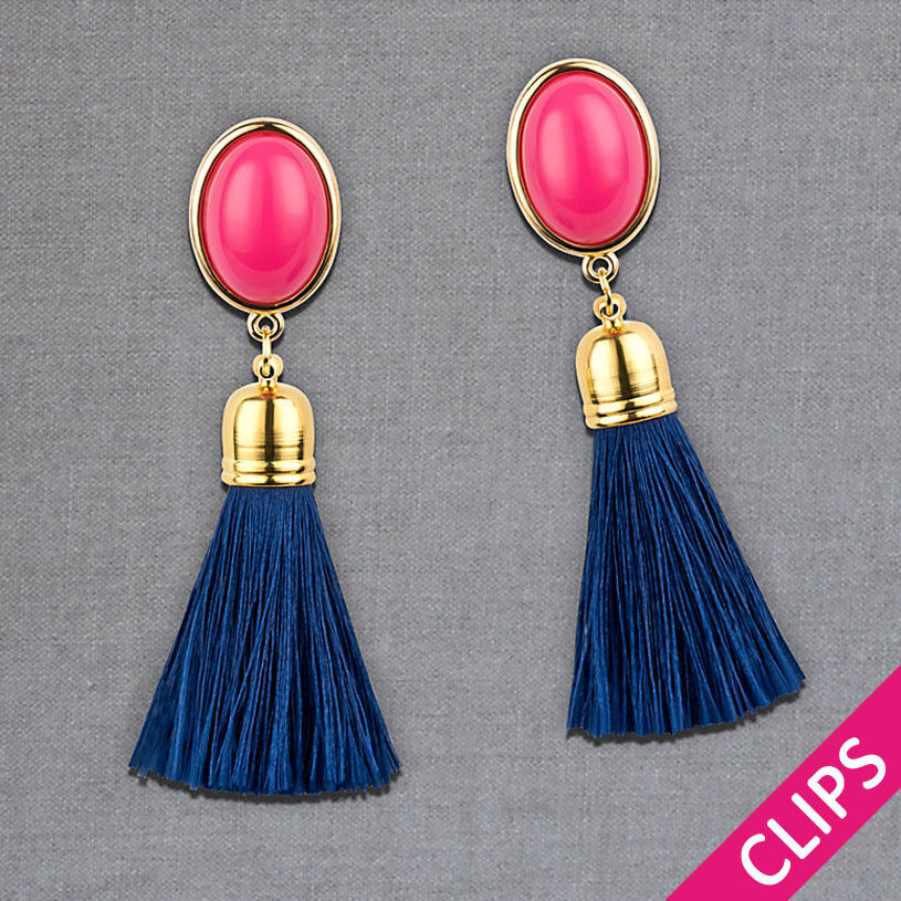 Quasten Ohrringe als Ohrclips in Pink mit marineblauer Quaste von AmuseToi