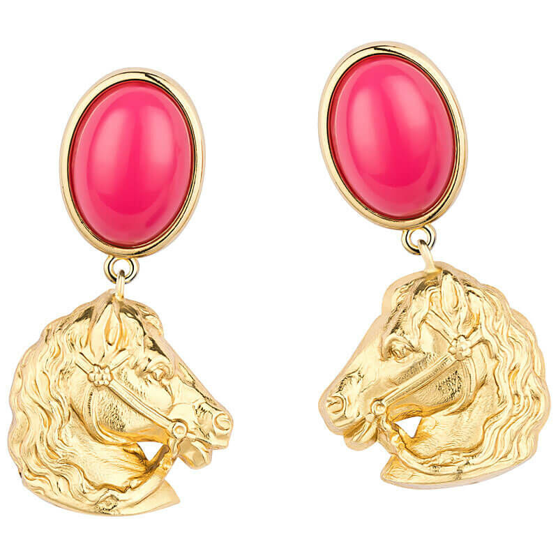 goldene Ohrringe mit Pink und goldenem Pferdekopf