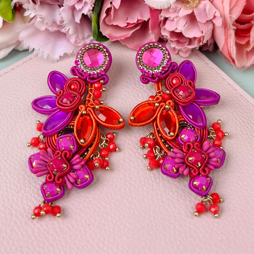 Große Soutache-Ohrringe in Pink, Orange und Violett