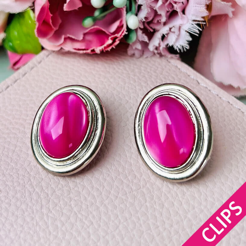 Silberne Ohrclips mit schimmerndem Oval in Pink