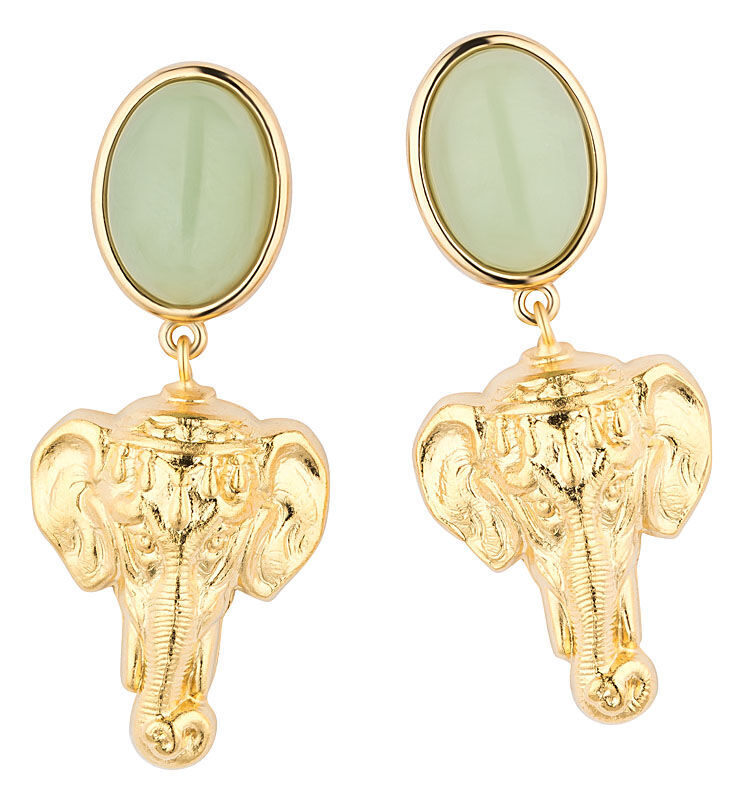 Schöne Ohrringe in Grün mit vergoldetem Elefantenkopf